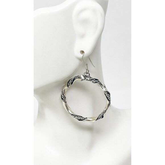 VTG 925 Sterling Silver 1 1/4” Twisted Rope Hoop Dangle Earrings Boho Artisan - Picture 3 of 7